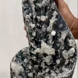 Apophyllite glossy crystals on Sparkling Chalcedony Stalactite Semi-Geode Specimen #AM-08